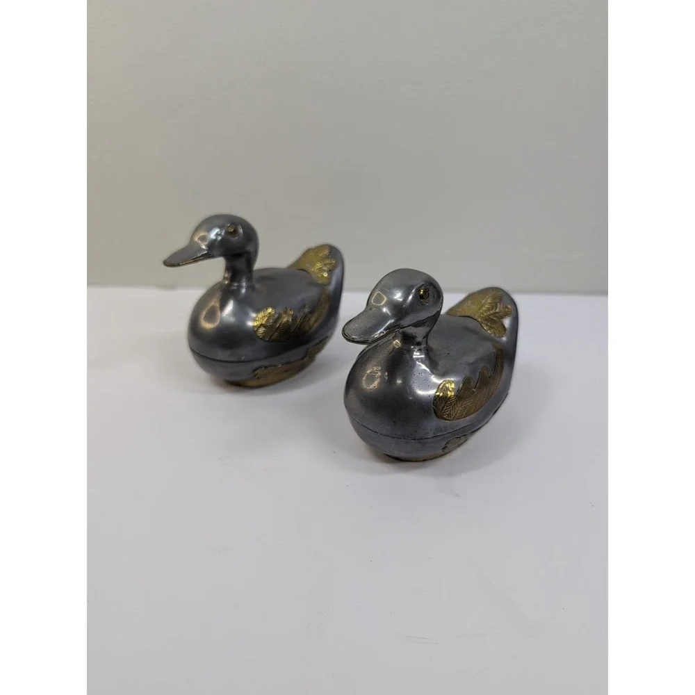 Pair of‎ Small Chinese Metal Pewter Duck Covered Dish Container